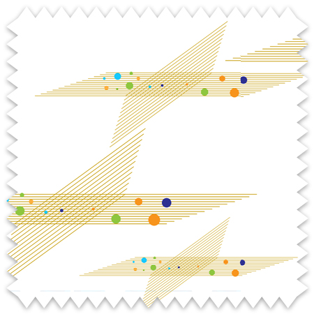 The artwork consists of a repeating pattern of geometric shapes on a white background. Each unit of the pattern features a large, angled, mesh-like triangle in a light yellow color. Overlapping this triangle are several horizontal, solid yellow lines with small, colorful circles distributed along them. The circles are in various colors including blue, green, orange, and black, adding a vibrant contrast to the yellow lines and the triangle mesh. The overall design is minimalistic and modern, with a balanced arrangement of shapes and colors creating a visually rhythmic pattern.